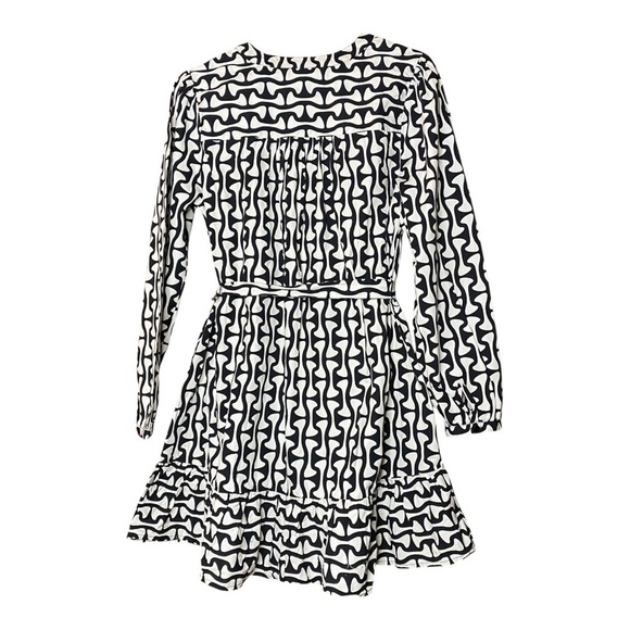 Jessica Simpson cream/black Abstract COTTON V-neck ruffle bottom dress SZ-Large - Picture 3 of 10